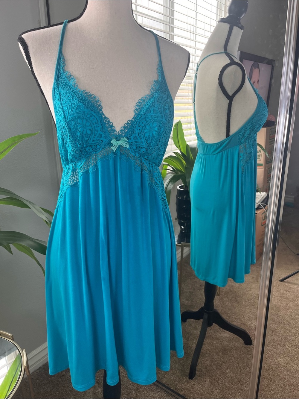 Victoria's Secret Turquoise Blue Modal Lace-Trim Slip Nightie PJs Size Medium